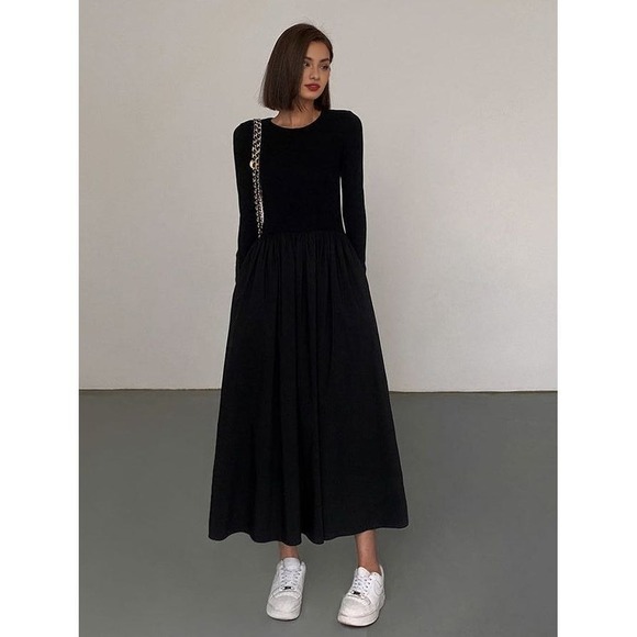 Commense Dresses & Skirts - Commense Long Sleeve Maxi Dress Pockets A‎ Line Casual Elegant Black Dress M